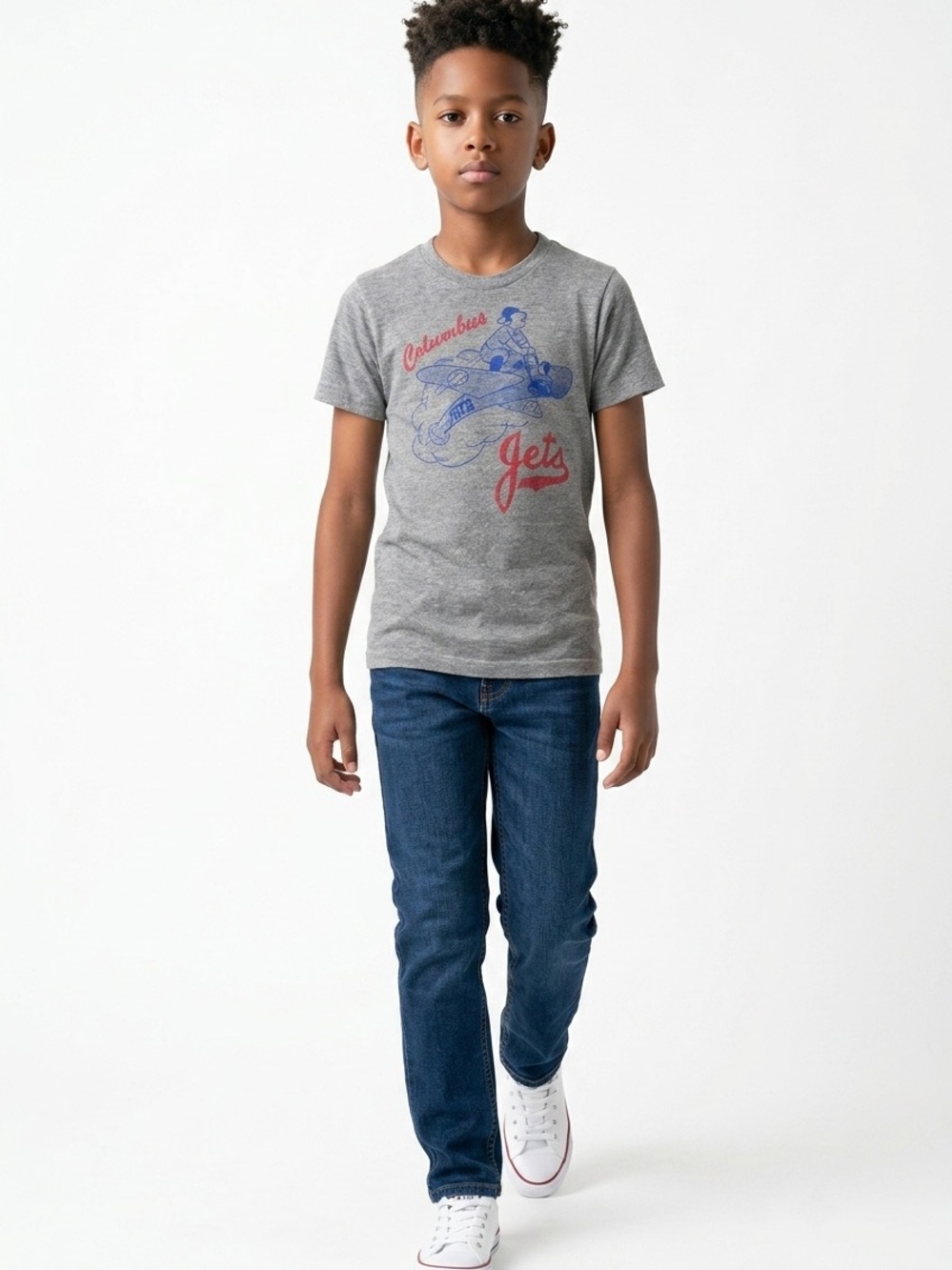 Homage Columbus Jets Boys' XS Gray Graphic Short Sleeve Vintage Airplane Emblem.